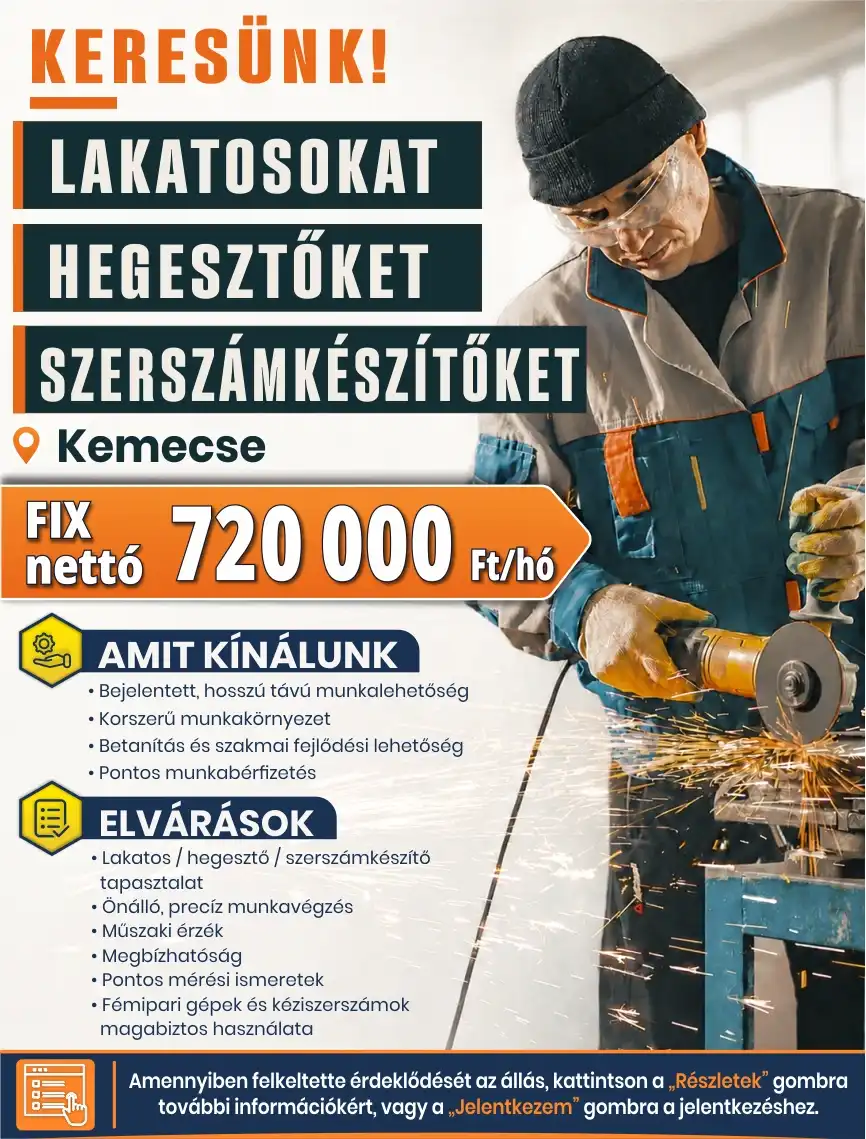 Lakatosokat, hegesztőket és szerszámkészítőket keresünk Kemecsére